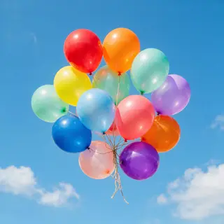 Exactly 11 colorful balloons floating against a clear blue s