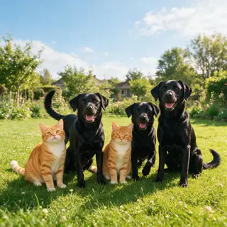 2 orange cats and 3 black dogs sitting together on a grassy 