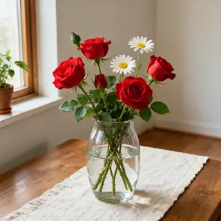 4 red roses and 2 white daisies in a glass vase on a table