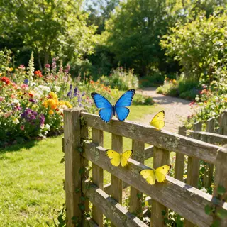 1 blue butterfly and 3 yellow butterflies resting on a garde