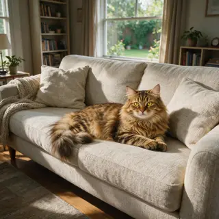 A cat lying on a couch without a collar