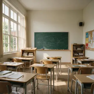 A classroom with desks and a chalkboard but no students