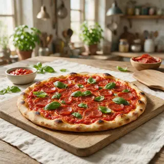 A pepperoni pizza with tomato sauce, basil, and crust but ab
