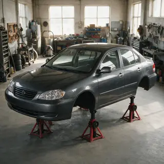 A car body with windows, doors, and headlights but no wheels