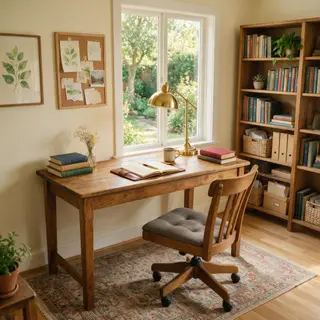 An office workspace with a desk, chair, bookshelf, and lamp 