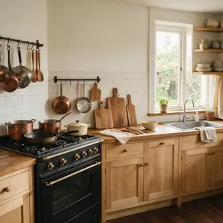 A kitchen with pots, pans, a stove, and a cutting board but 