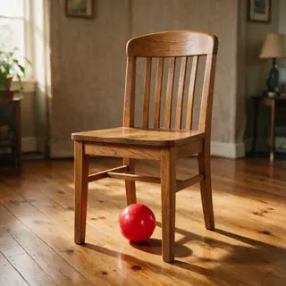 A red ball underneath a wooden chair