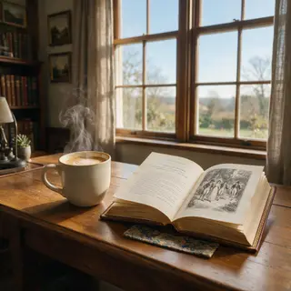 A coffee mug next to an open book on a desk