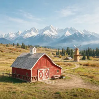 A landscape with a red barn in the foreground at large scale