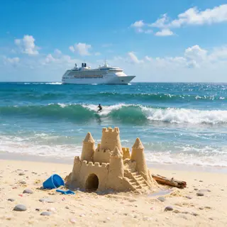 A beach scene with a sandcastle in the foreground, a surfer 
