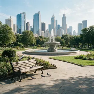A city park with a park bench and pigeons in the foreground,