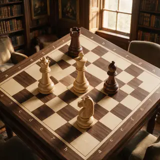 Five chess pieces on a board: a king in the center, a queen 