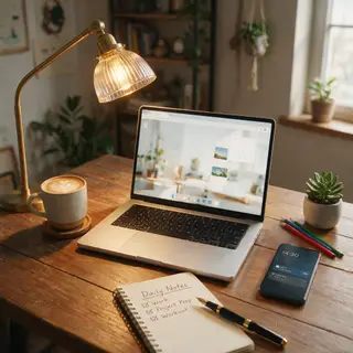 A desk scene: laptop in the center, coffee mug to the left, 