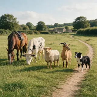 Five animals in a field: a horse on the far left, a cow to t
