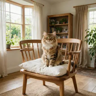 A cat sitting on a pillow, the pillow placed on a wooden cha