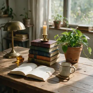 A candle on top of a stack of books, the books next to a pot
