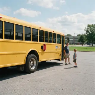 A person standing next to a yellow school bus, showing reali