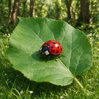 A ladybug sitting on a large green leaf, shown at realistic 