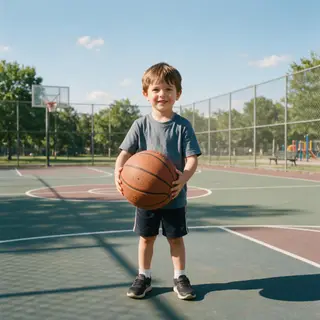 A child holding a basketball, both at correct relative sizes
