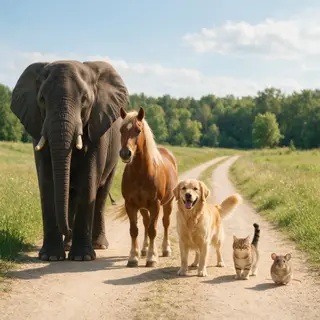 A group photo of an elephant, a horse, a dog, a cat, and a m