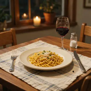 A dinner table scene with a plate, fork, knife, wine glass, 