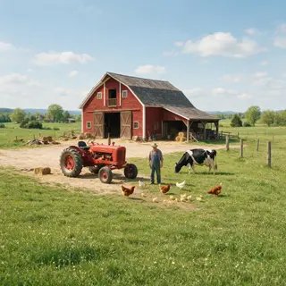 A farm scene with a barn, tractor, farmer, cow, chicken, and