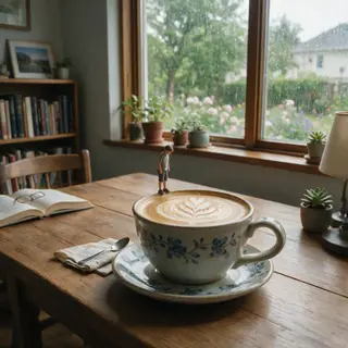 A tiny person standing on the rim of a coffee cup, looking d