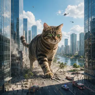 A giant tabby cat walking between city skyscrapers like a ka