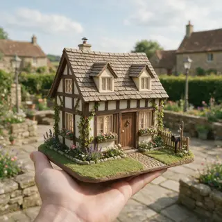 A miniature house sitting on the palm of someone's hand
