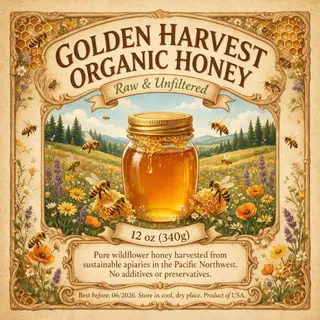 A product label for 'GOLDEN HARVEST ORGANIC HONEY' with subt
