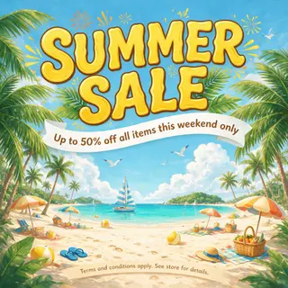 A poster with headline 'SUMMER SALE' in large bold text, bod