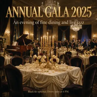 An event banner with headline 'ANNUAL GALA 2025' at the top 