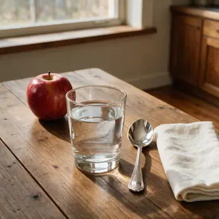 A still life on a wooden table featuring a clear glass of wa