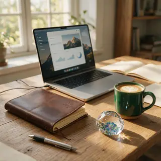 A workspace desk with a brushed aluminum laptop, a leather-b