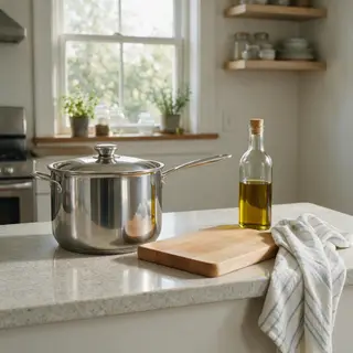 A kitchen counter with a stainless steel pot, a wooden cutti
