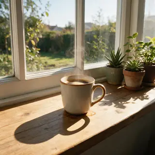 A coffee mug on a sunny windowsill casting a sharp shadow to