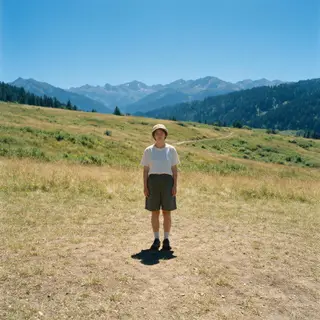 A person standing outdoors at midday with a short shadow dir