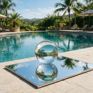 A clear glass sphere sitting on a mirror surface near a pool