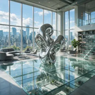A chrome sculpture in a room with a glass floor and large wi