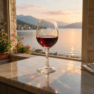 A crystal wine glass on a polished marble counter next to a 
