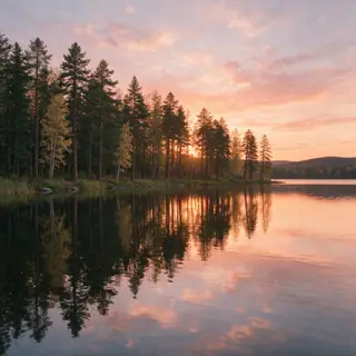A row of trees reflected in a calm lake at sunset, with the 