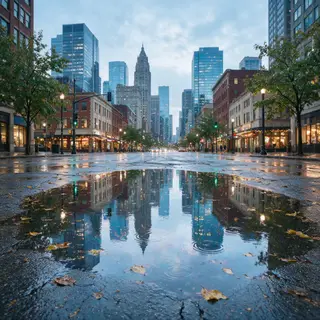 A city skyline reflected in a rain puddle on a street, with 