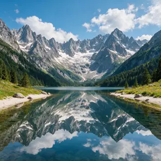 A mountain range reflected in a still alpine lake, with the 