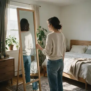 A woman standing in front of a full-length mirror, her refle