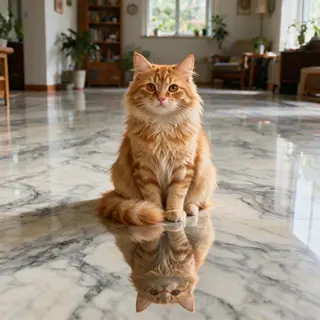 A cat sitting on a polished marble floor with its reflection