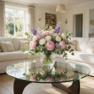 A vase of flowers on a glass table with a clear reflection v