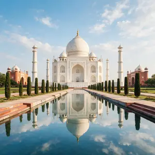 The Taj Mahal in Agra seen from the reflecting pool, with ac