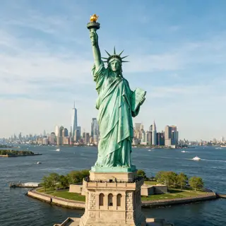 The Statue of Liberty on her island pedestal, with correct t