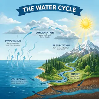 A detailed diagram of the water cycle showing evaporation fr