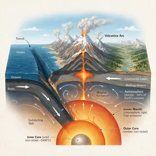 A cross-section showing tectonic plates at a convergent boun